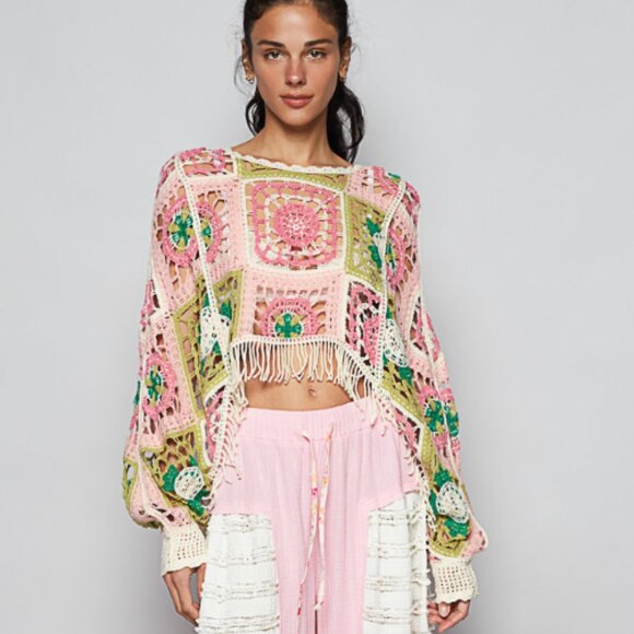 POL Boho Crochet Top Hippie Fringe Patchwork Sweater Festival Wear - Picture 2 of 11